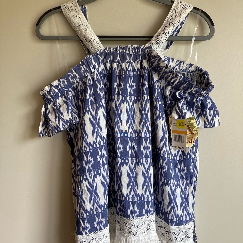 NWT One World Blue Print Off Shoulder Cold Shoulder Fringe Top S